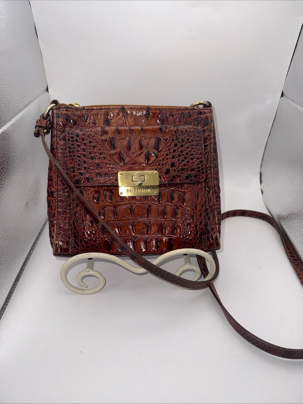Brahmin Chestnut Croc-Embossed Leather Crossbody with Gold Hardware